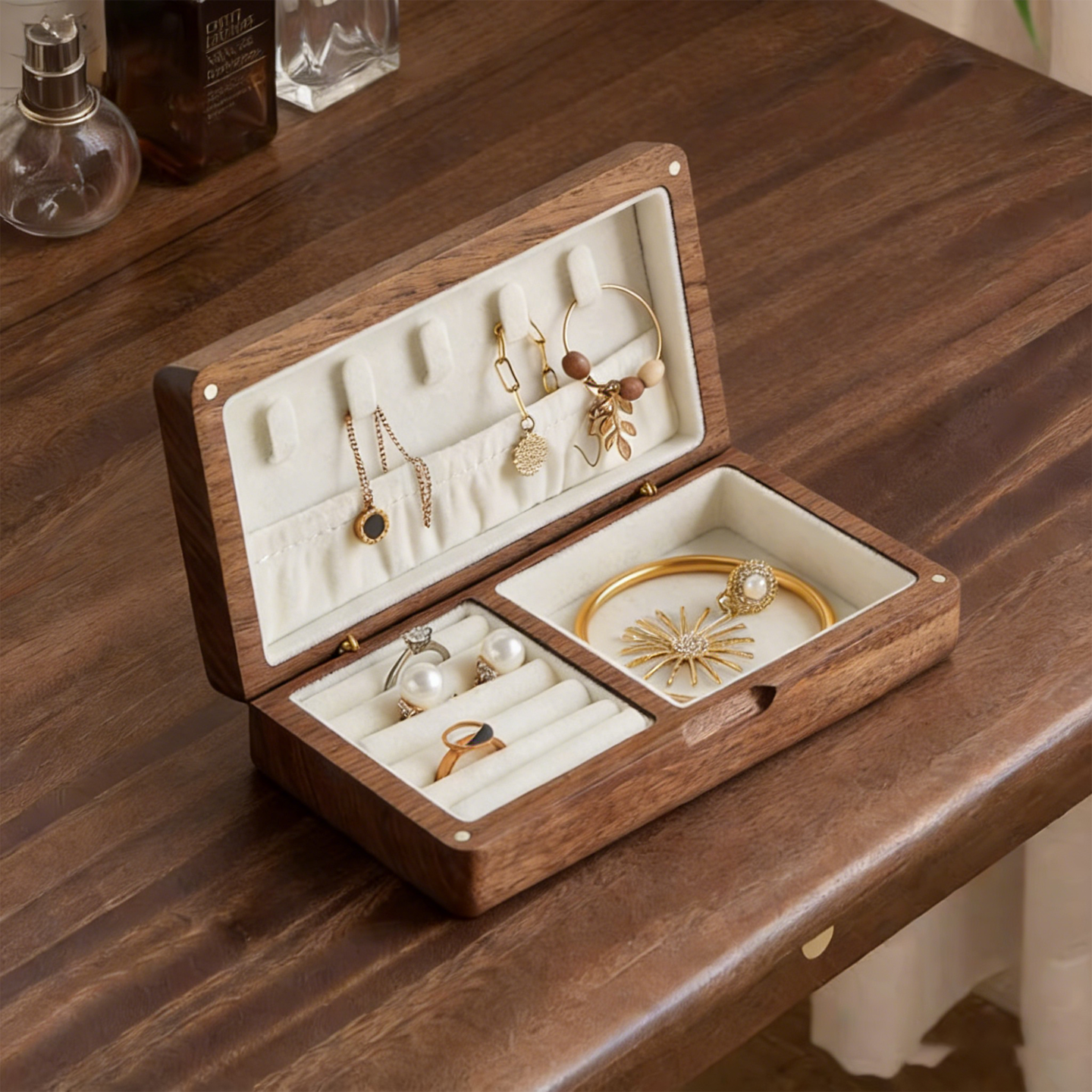 轻奢木质首饰盒高级精致便携项链戒指饰品收纳盒实木分格珠宝盒,收纳整理,首饰盒,淘宝优惠券,粉丝福利购,淘宝优惠卷