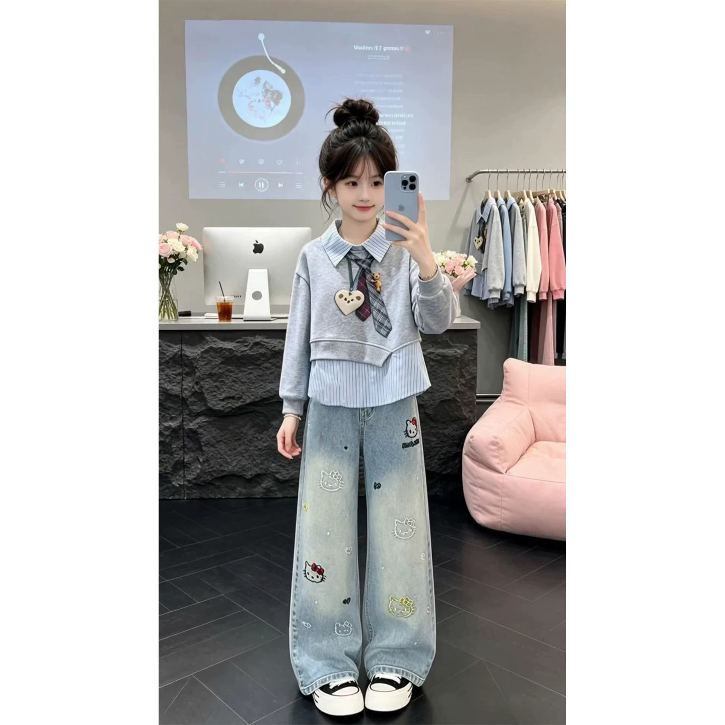 女童秋装套装洋气时髦2026新款女大童超好看假两件卫衣儿童牛仔裤