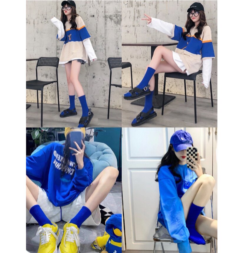 韩国克莱因蓝高筒长袜子女春秋宝蓝色日系中筒袜子女ins潮运动袜