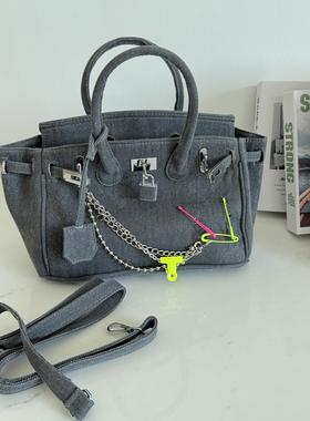 正价200+！强推！复古铂金包做旧牛仔布手提女包通勤单肩斜跨女包