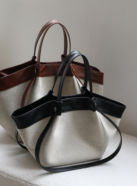 头层牛皮褶皱帆布托特包女单肩包手提通勤包大容量蝙蝠包