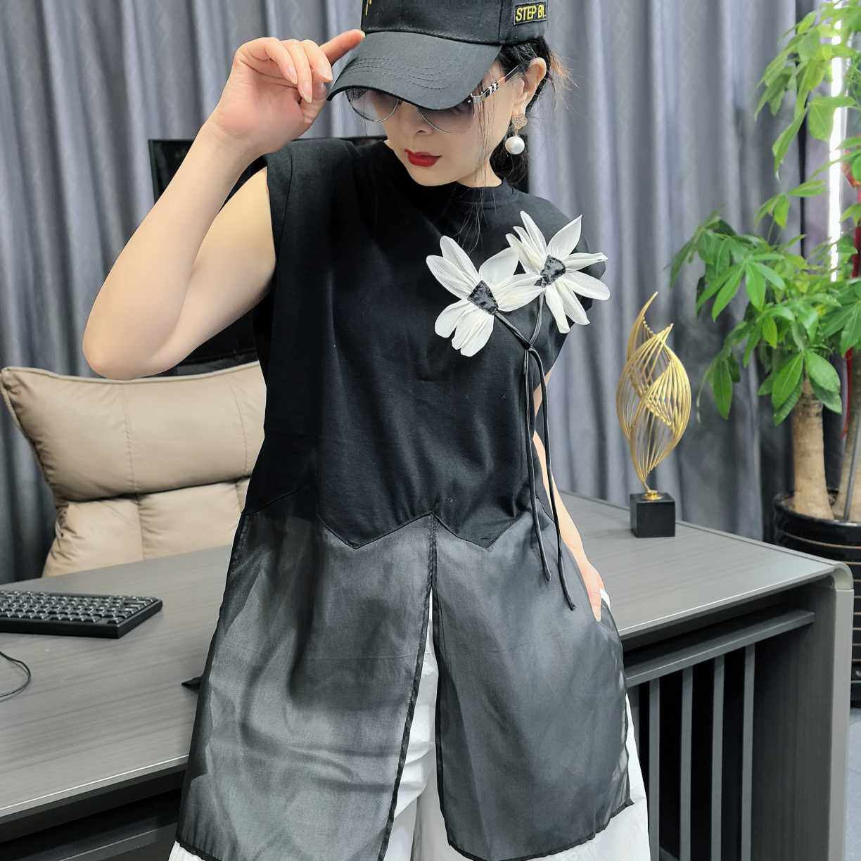 1798黑色花朵砍袖女款2025夏季爆款遮肚显瘦休闲圆领上衣
