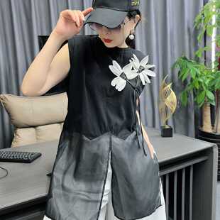 爆款 2025夏季 遮肚显瘦休闲圆领上衣 女款 1798黑色花朵砍袖