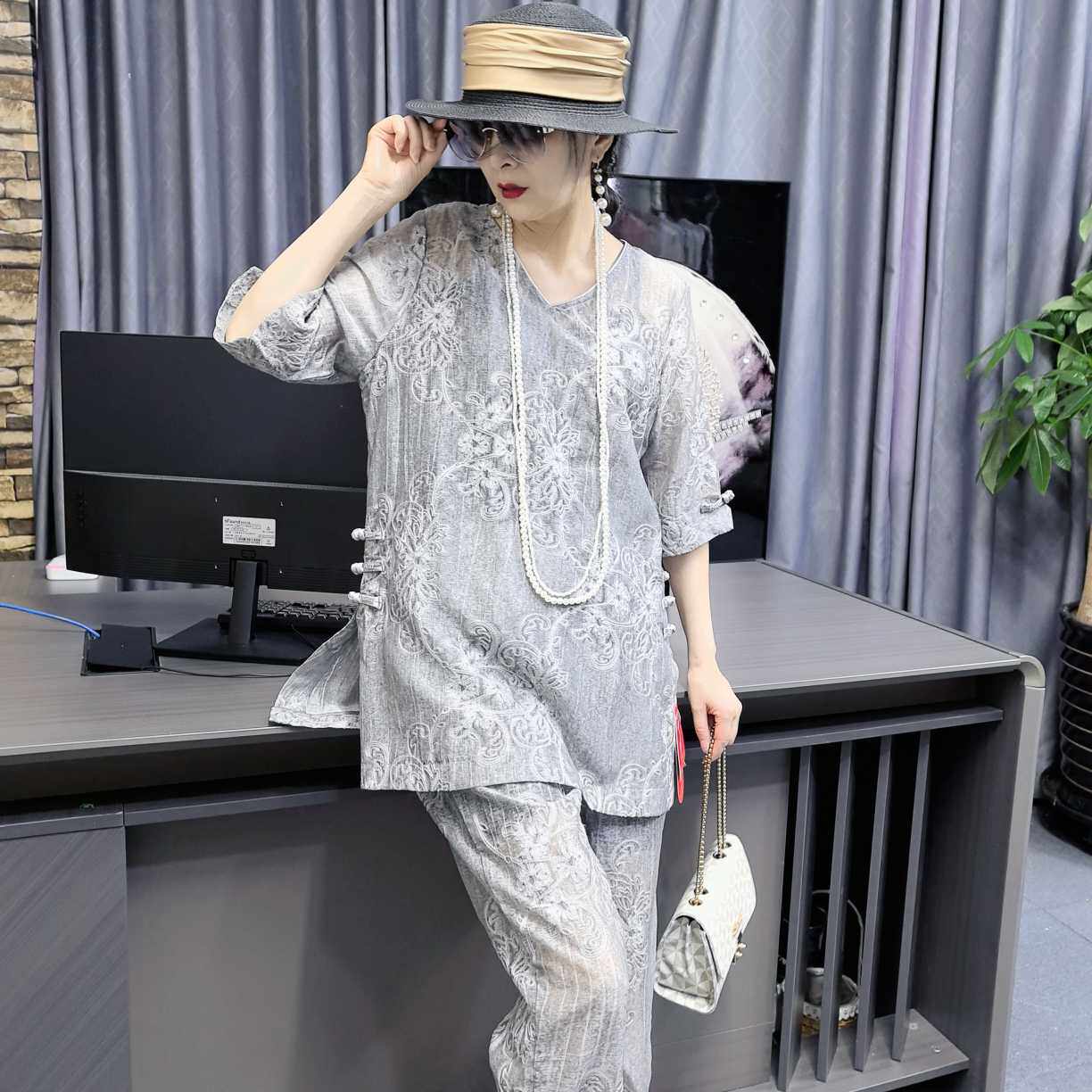 9910灰色套装女款2025夏季新款爆款蕾丝纯色减龄显瘦套装