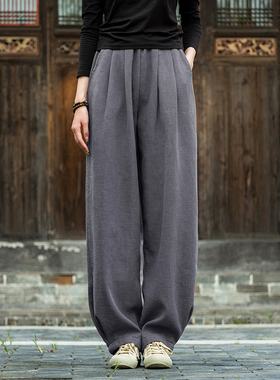 棉麻加绒长裤子女2025年秋冬新款原创宽松显瘦加厚太极裤灯笼裤