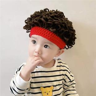假发帽子宝宝男婴儿卷发秋冬季儿童爆炸头男童针织帽可爱搞笑冬天