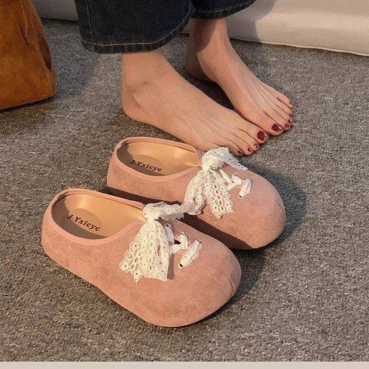 法式厚底蕾丝蝴蝶结勃肯鞋女2025春夏季新款外穿一脚蹬包头半拖鞋