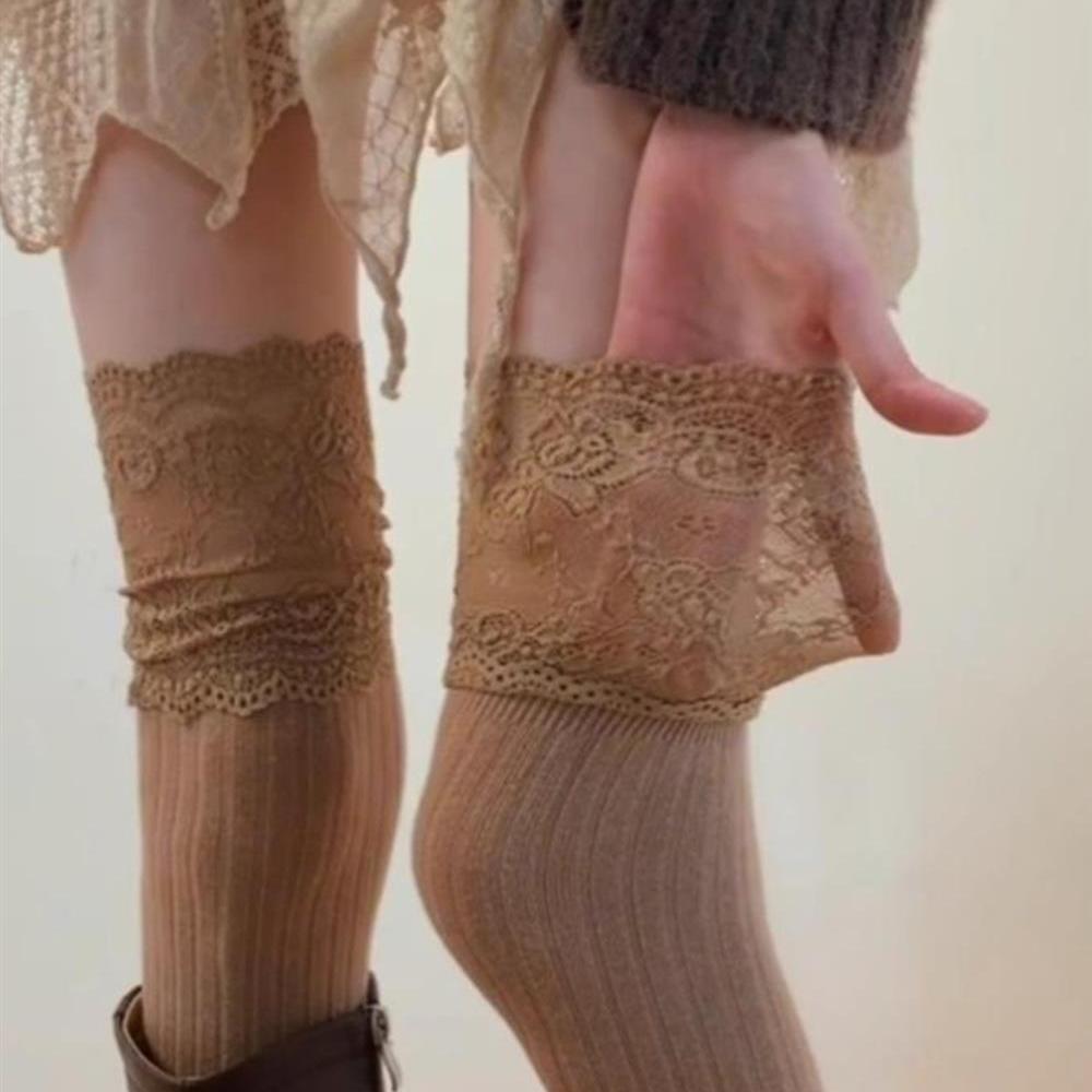 咖色蕾丝靴子袜子女春秋季堆堆袜套配长筒靴袜套小腿套叠穿骑士靴