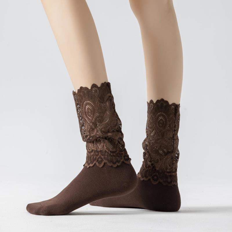 袜子女款棉中筒袜春秋季新款黑色长筒袜蕾丝花边堆堆袜白色jk袜