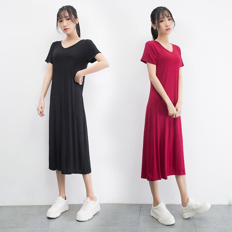 女士莫代尔V领短袖连衣裙夏季薄款修身休闲裙百搭打底裙A字家居裙,女装/女士精品,连衣裙,淘宝优惠券,粉丝福利购,淘宝优惠卷