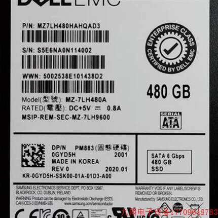 拍前询价:DELL/480G SATA SSD固态硬盘 GYD5H 0GYD5H 883 R730 7