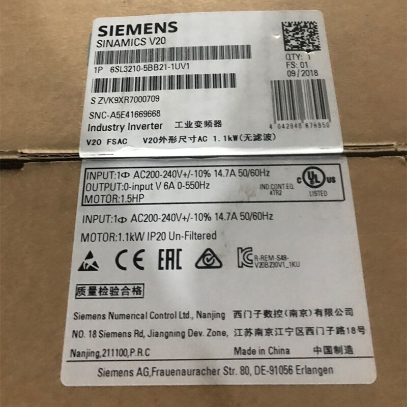 拍前询价：6SL3210-5BB21-1UV1V20单相变频器1.1千瓦6SL321