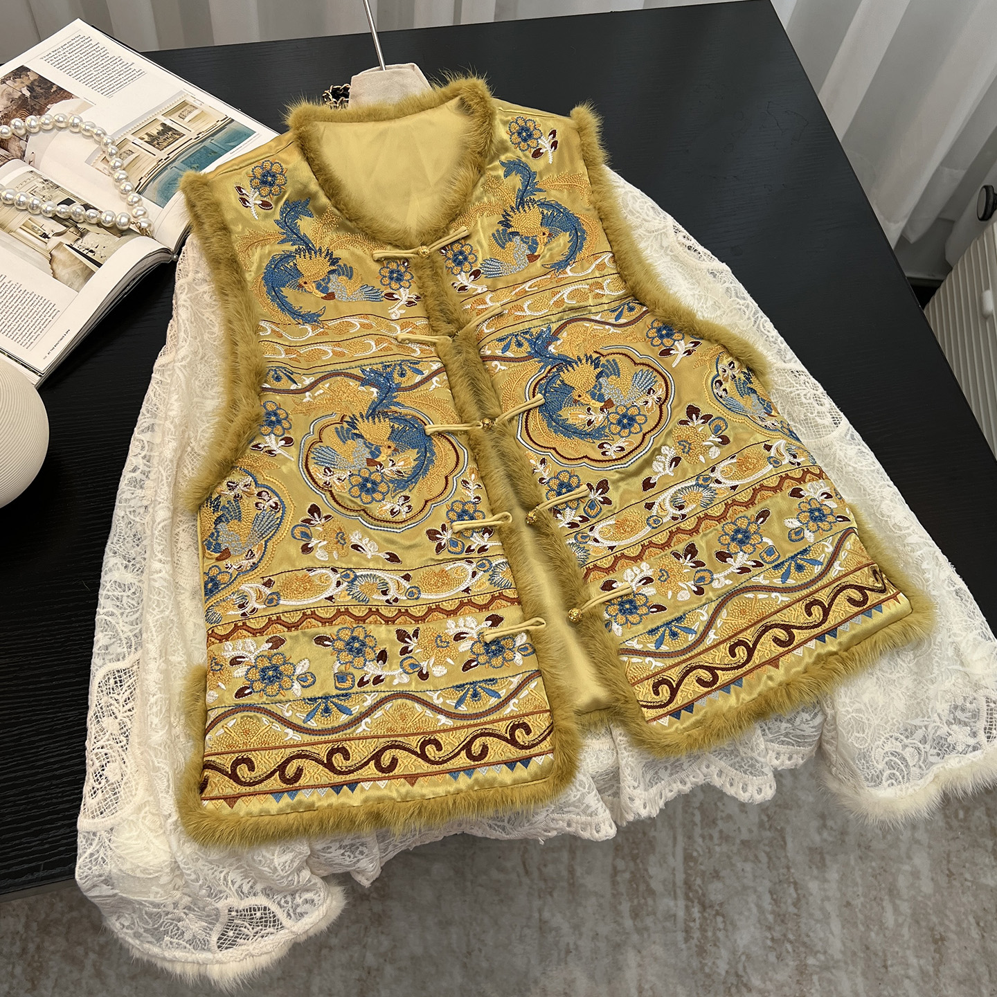 新中式醋酸刺绣水貂毛马甲