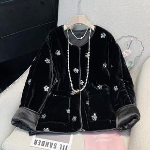 2024秋冬季国风棉服亮片蝴蝶气质女装真丝丝绒外套小众设计高级感