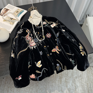 新中式盘扣刺绣丝绒棉服外套女2025秋冬季新款中国风复古加棉上衣