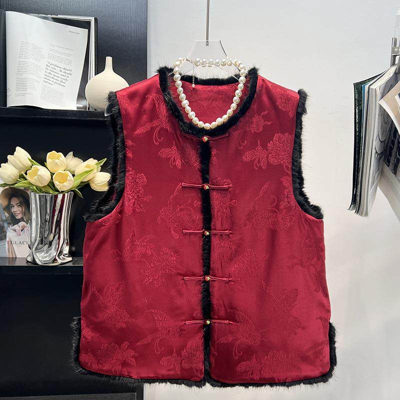国风桑蚕丝水貂毛条加棉保暖马甲女2024秋冬季新中式唐装红色背心,女装/女士精品,马夹,淘宝优惠券,粉丝福利购,淘宝优惠卷