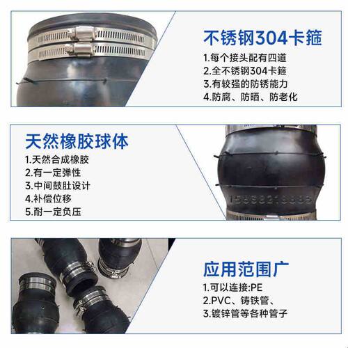 卡箍式橡胶软接头 PE快速接头304抱箍柔性胶管110PVC下水管接头