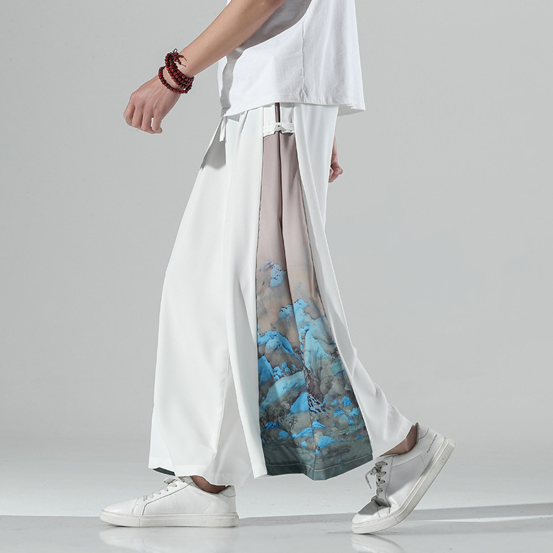 SUMMER GUOCHAO PANTS MENS LOOSE PLUS SIZE GUOCHAO CASUAL PANTS PENDANT SENSE FAIRY CHINESE STYLE TANG DRESS WIDE-LEG PANTS