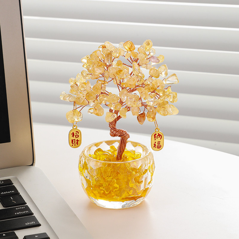 黄水晶发财树财神摆件好运礼物