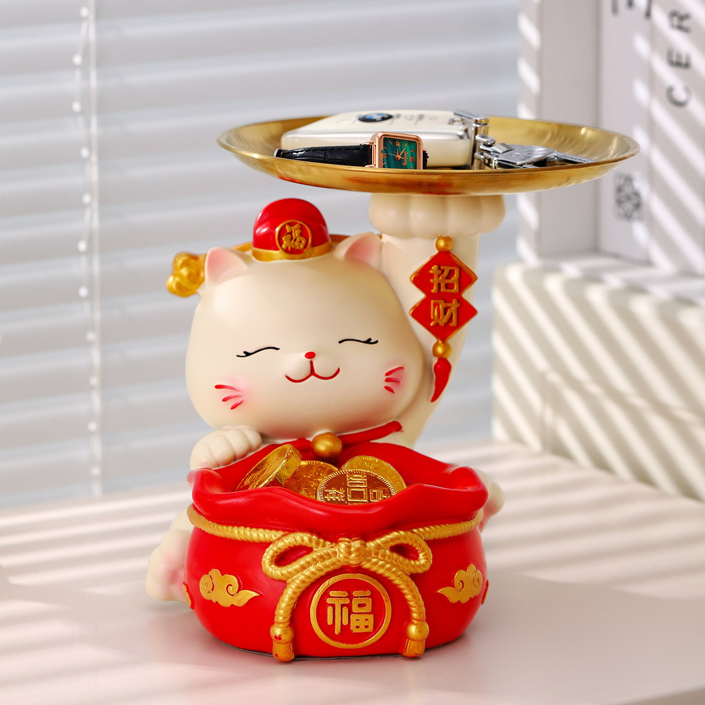 招财猫装糖果盘子前台酒店铺接待精致零食水果盘轻奢高档托盘摆件