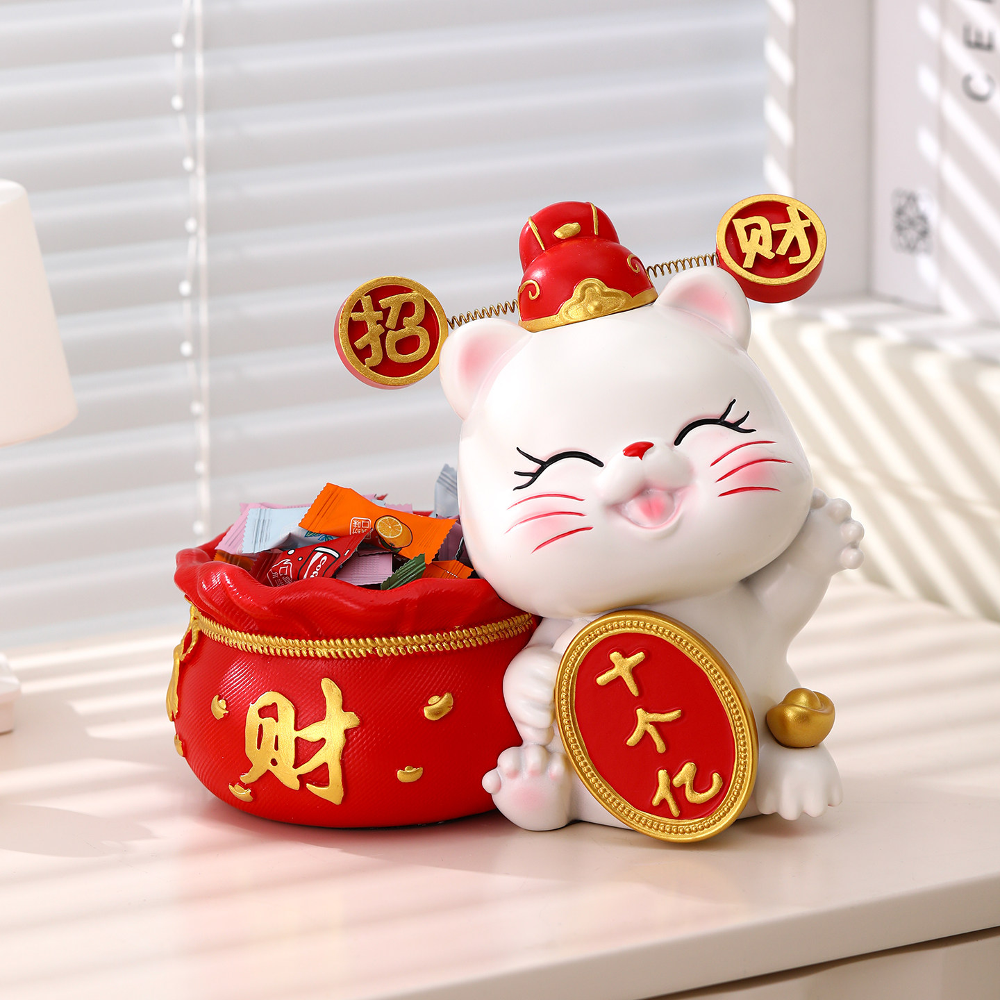 招财猫装糖果盘子前台酒店铺接待精致零食水果盘轻奢高档托盘摆件