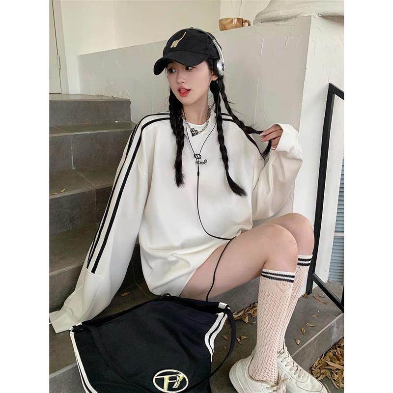 刺绣拼色条纹长袖卫衣女秋季潮情侣韩版宽松中长款上衣款#2138