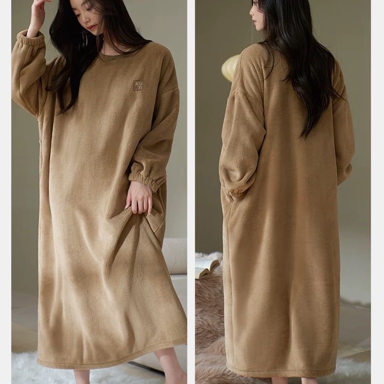 双面德绒睡裙长款加绒连衣睡裙睡衣带口袋宽松大码简约印花300斤