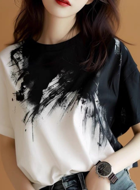 2025款水墨印花黑白晕染女短袖T恤女士夏款洋气高端上衣奢华大码