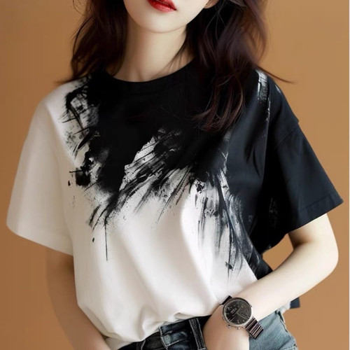 2025款水墨印花黑白晕染女短袖T恤女士夏款洋气高端上衣奢华大码