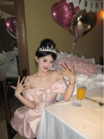 Suspender dress French heavy industry fishbone party light dress one-shoulder princess dress bow birthday dress