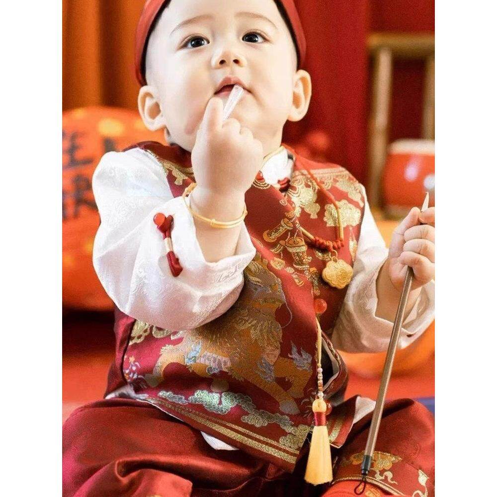 男宝宝周岁礼服中式唐装红色麒麟百天男童抓周衣服高端冠衣春夏
