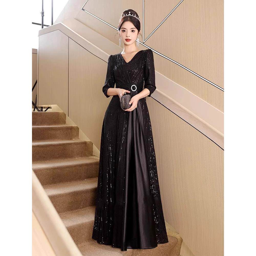 黑色晚礼服女高级感宴会气质显瘦新款合唱演出服长裙比赛指挥主持