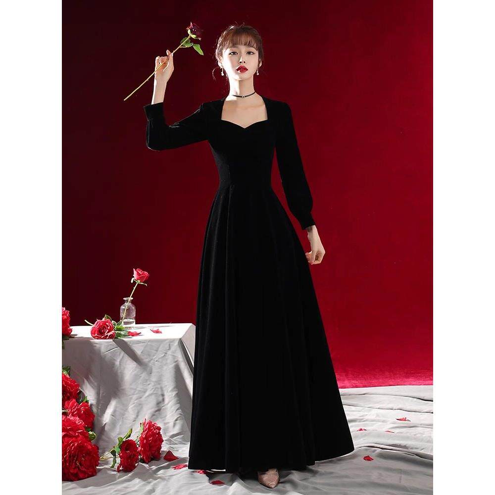 黑色晚礼服女高级感礼服裙宴会小众气质丝绒法式主持平时可穿长款