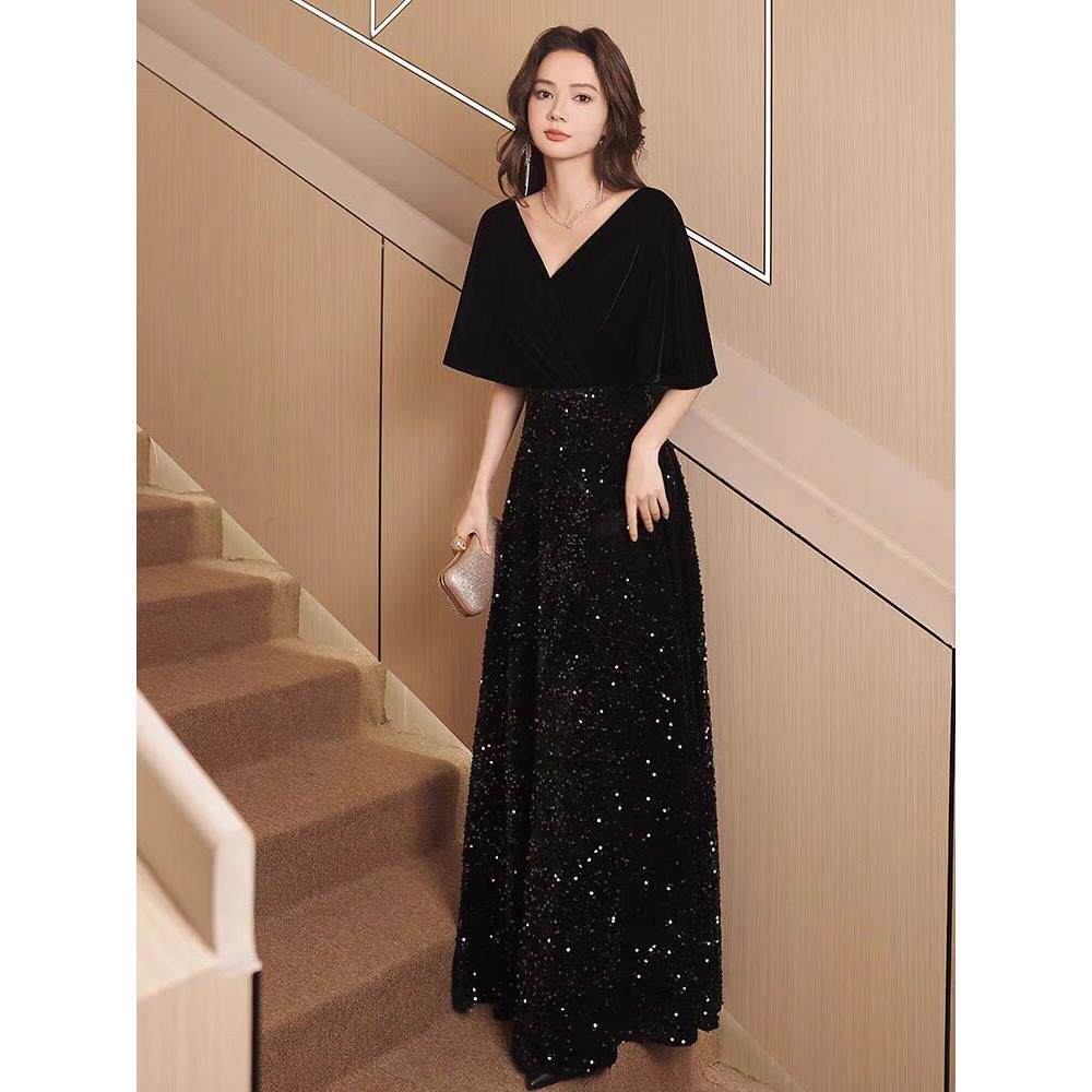 黑色晚礼服女2025新款宴会气质礼服裙轻奢小众高端主持人演出日常
