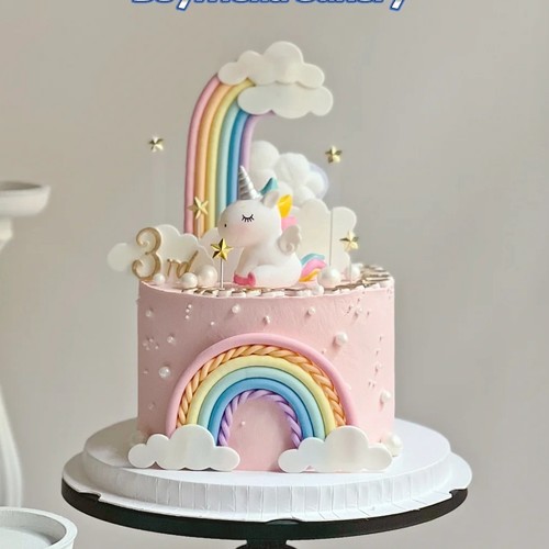 彩虹独角兽女孩生日蛋糕装饰摆件仿翻糖软陶彩虹小公主甜品台配件