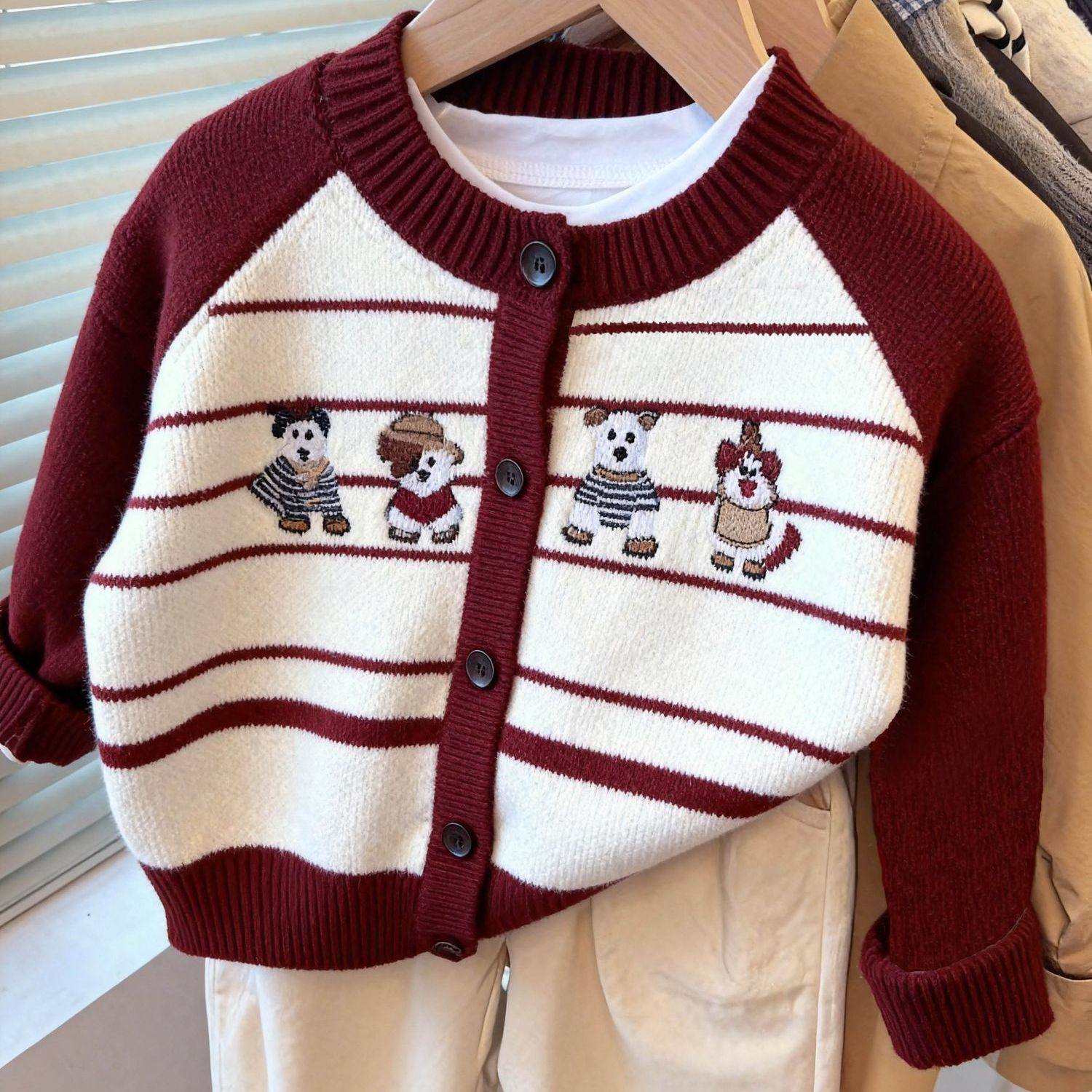 韩系儿童超可爱卡通刺绣撞色毛衣外套秋冬新款男童女童条纹毛线衫