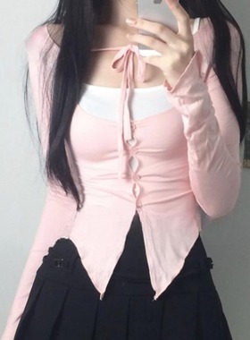 薄款显瘦百搭长袖绑带T恤+显身材吊带背心两件套甜辣妹性感上衣春