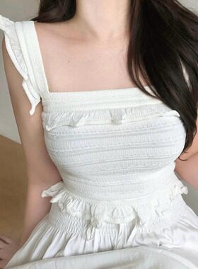 白色甜美荷叶边修身显瘦吊带背心可外穿性感方领显身材无袖上衣潮