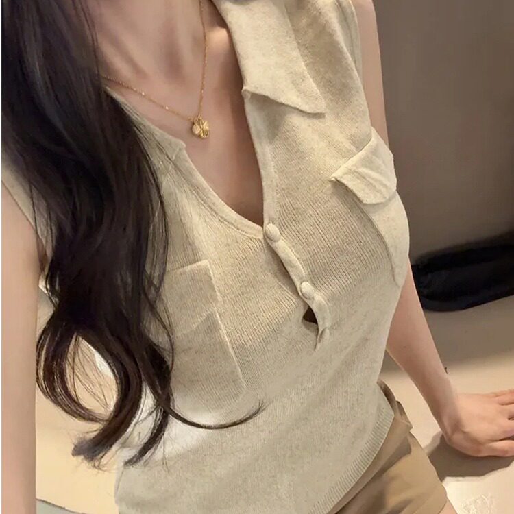 韩系温柔气质百搭翻领无袖针织衫