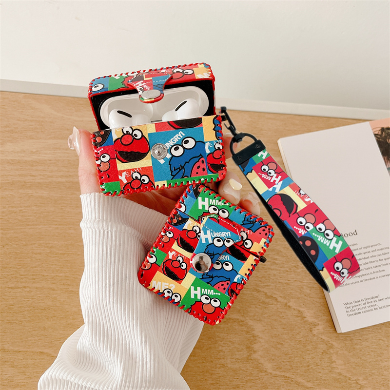 潮牌芝麻街适用airpodspro保护套连体苹果airpods 3耳机套女款airpodspro2皮质软壳4代无线蓝牙耳机盒5代男款