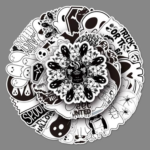 50张黑白万圣节涂鸦个性跨境卡通儿童DIY壳行李箱贴纸防水