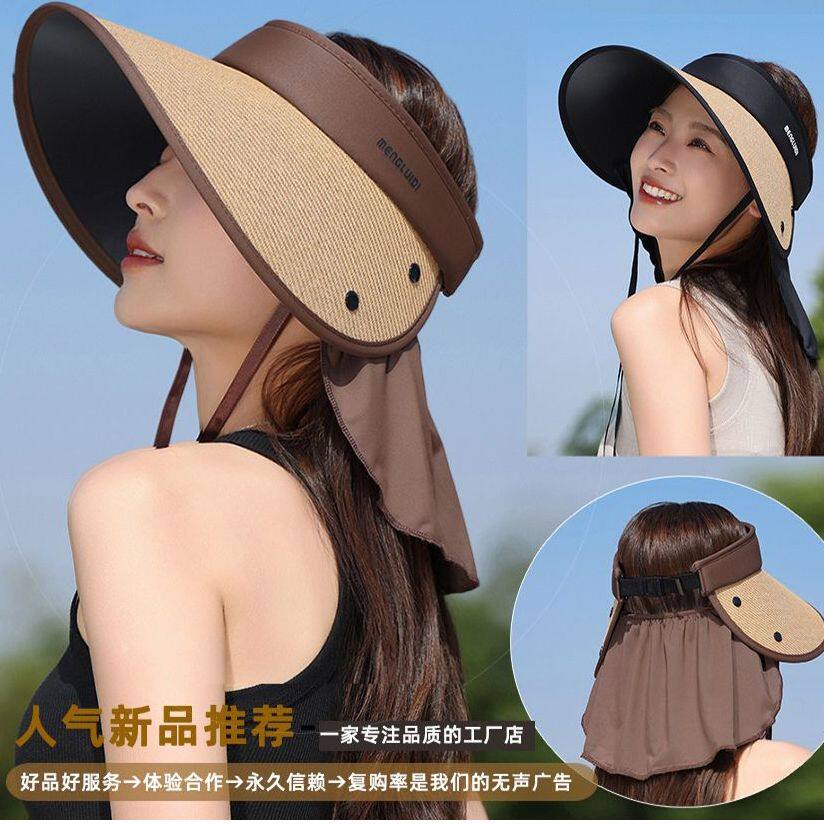 加大升级帽檐护颈遮阳帽带护户外设计遮脸防晒可折叠女夏空顶帽女