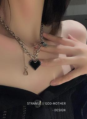 轻奢小众设计双层叠带黑色爱心项