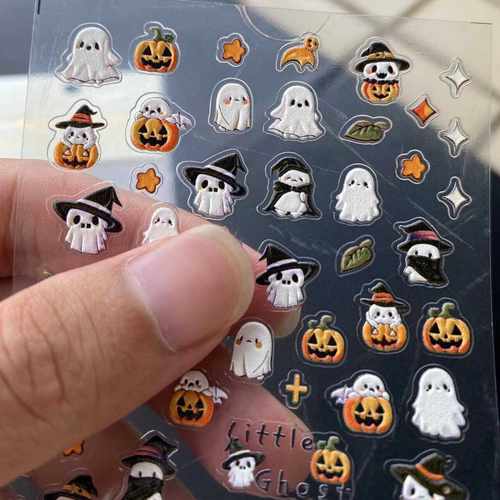 万圣小幽灵美甲浮雕立体贴纸INS可爱星星女巫阿飘南瓜灯背胶指甲