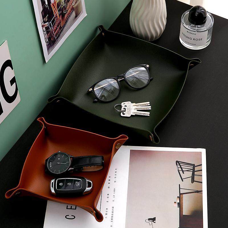 客厅玄关钥匙收纳盒桌面杂物整理北欧皮革置物化妆品口红皮质托盘