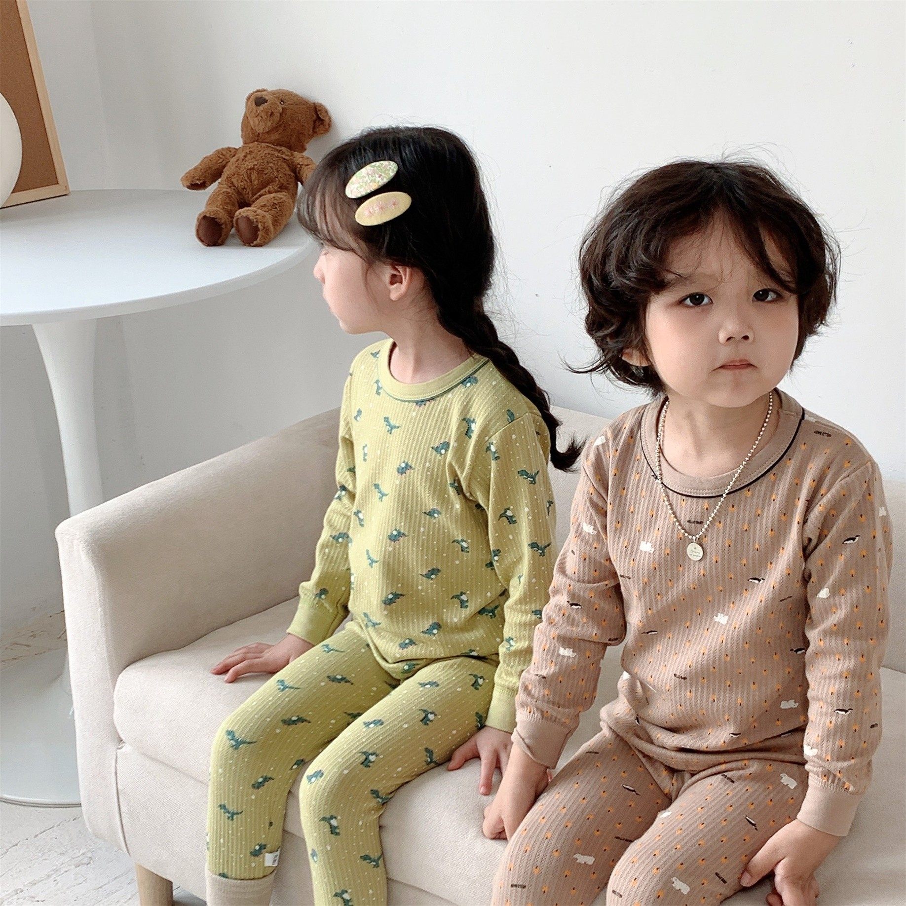 儿童纯棉春季新款秋衣套装儿童家居服宝宝套装精梳棉内衣提花空气