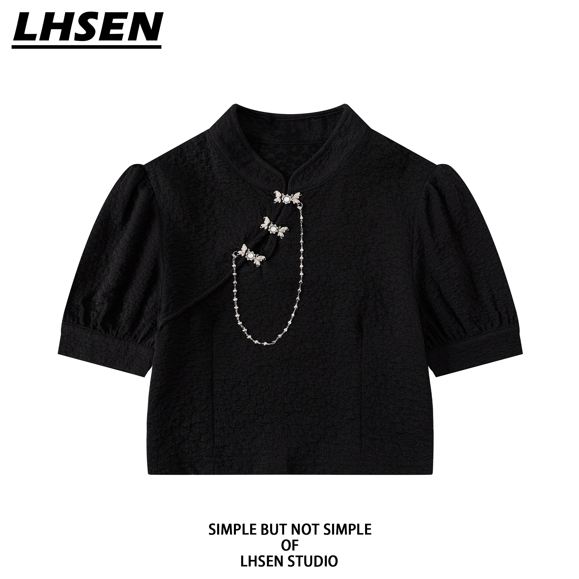 「LHSEN」新中式国风复古短款上衣女修身小个子设计感泡泡短袖T恤