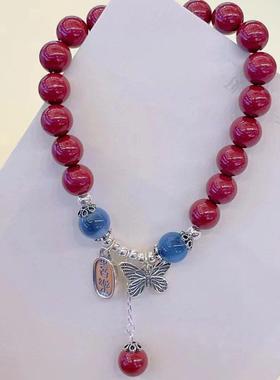 2026糖心玛瑙仿朱砂复古蝴蝶平安手串平安吊坠转运珠手链DIY小众