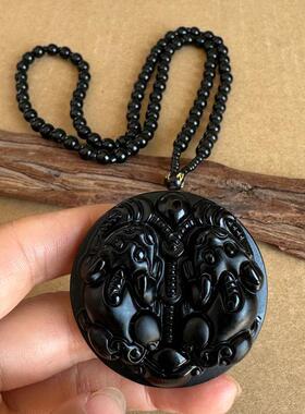 2026正宗黑曜石双貔貅吊坠 男女款圆形公母一对貔貅守库保财皮丘