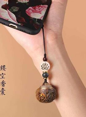 2026香囊士随身古风绿檀木香囊球手机链挂绳香薰挂件可打开手机挂